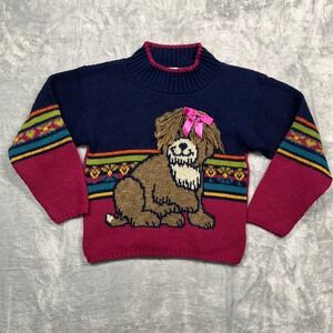 Heartworks Dog Intarsia Sweater Kids Size 4 Small Navy Magenta Vintage 90s USA